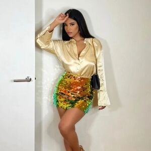 Zara sequin mini skirt golden rainbow disco chunky sequins sz small (skirt only)